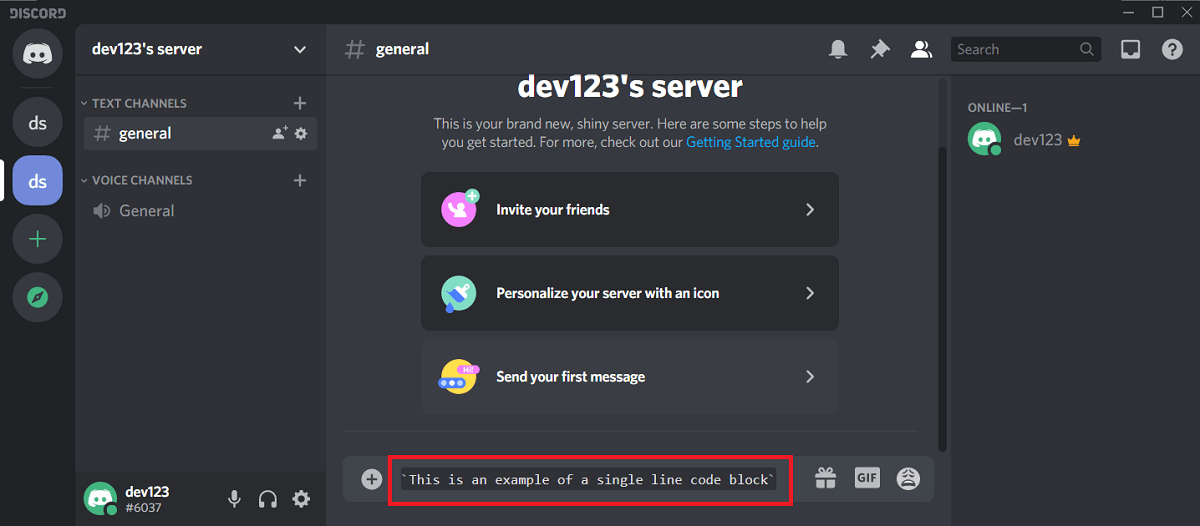 Création de blocs de code dans Discord, bloc de code à une seule ligne |