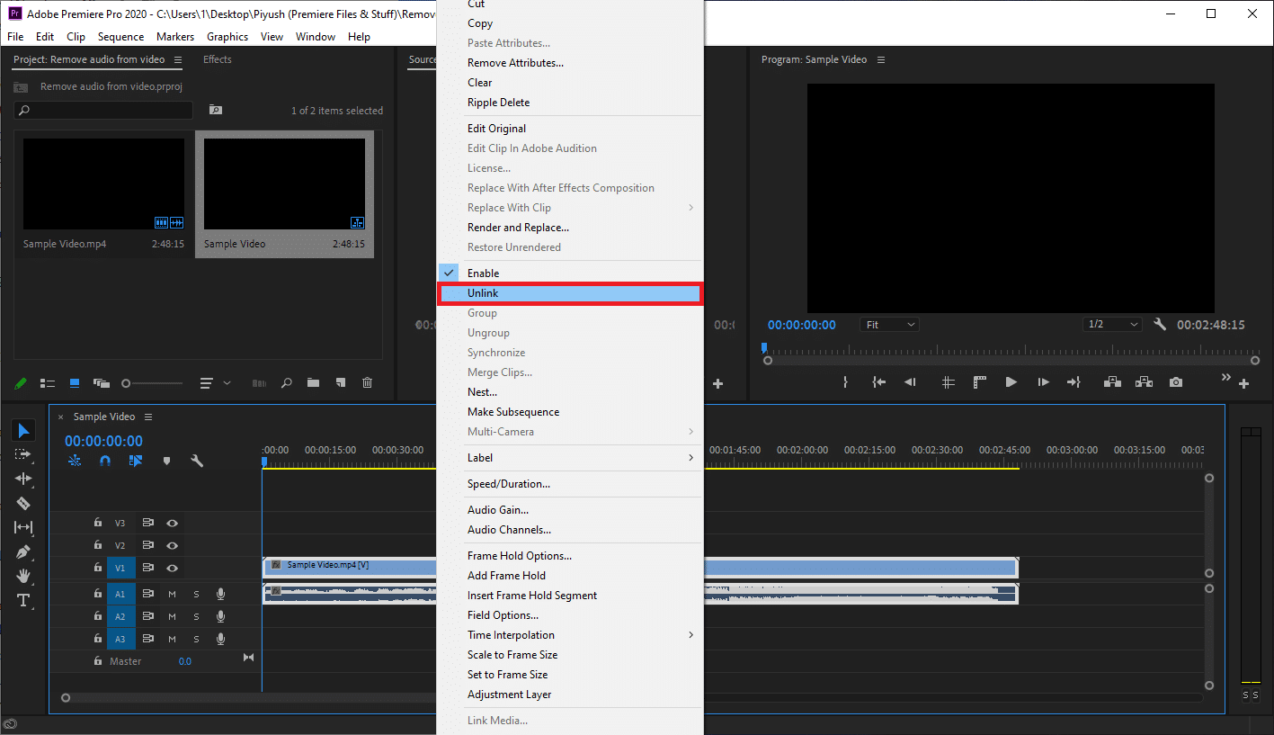 Maintenant, faites un clic droit sur le clip vidéo dans la chronologie et sélectionnez Dissocier (Ctrl + L)