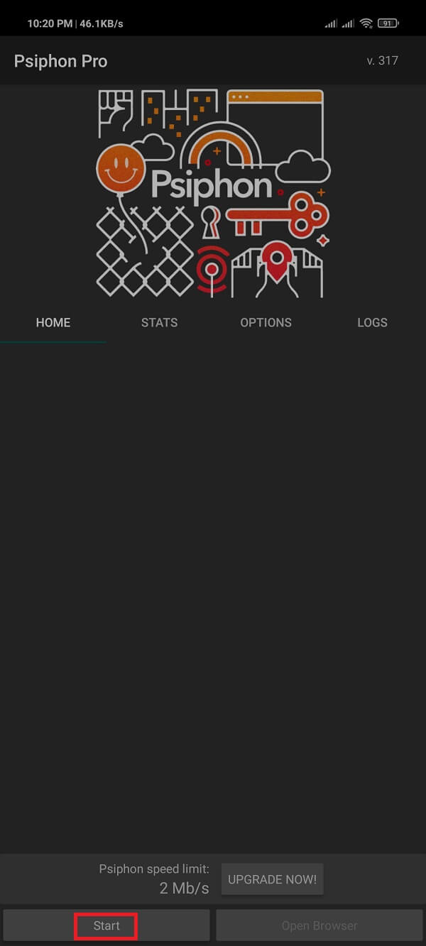 حدد خيار "Tunnel whole device" ثم اضغط على Start.