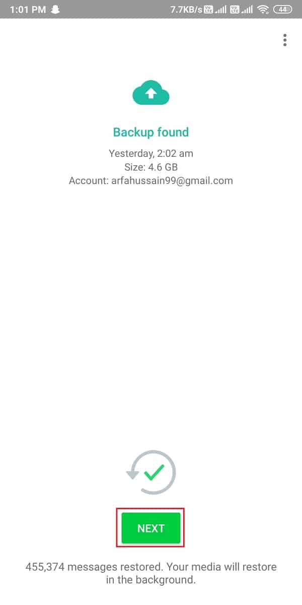 Cliquez sur "Suivant" pour terminer le processus de sauvegarde. | Restaurer la sauvegarde Whatsapp de Google Drive vers l'iPhone