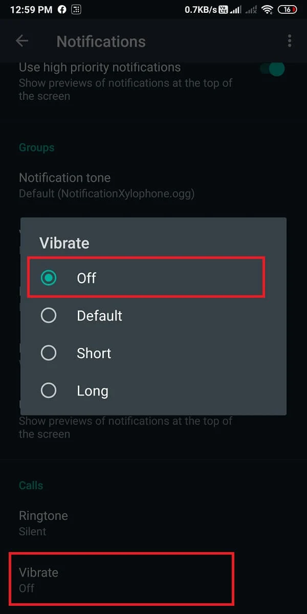 În cele din urmă, atingeți „Vibrați” și apăsați pe „Oprit”.