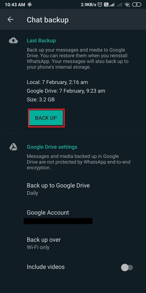 Atingeți „backup” pentru a începe să faceți backup pentru chat.