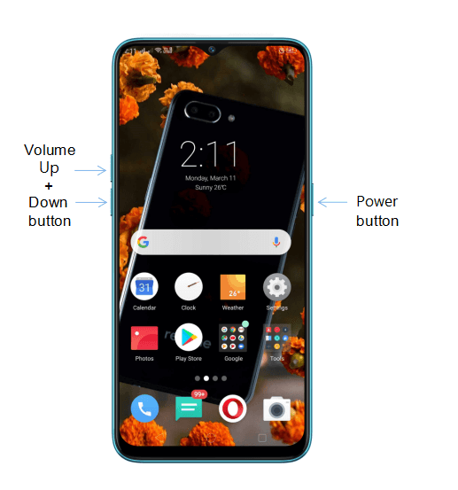 Appuyez et maintenez enfoncé le bouton d'alimentation ainsi que les boutons d'augmentation et de diminution du volume.