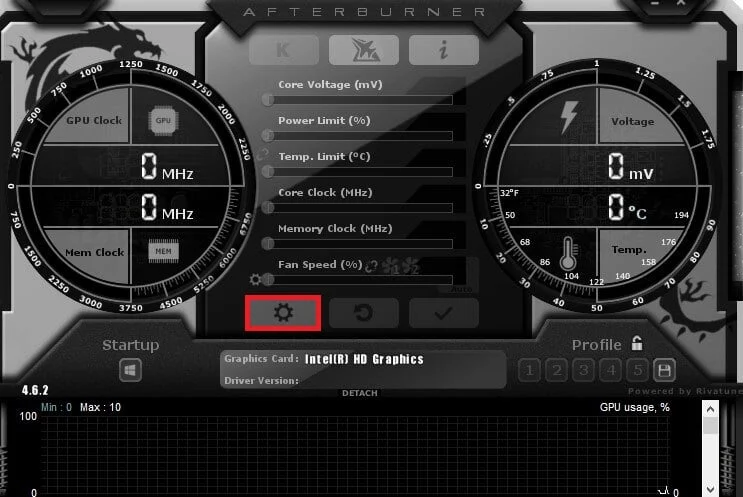 Para acceder a la configuración de MSI Afterburner para obtener las estadísticas de hardware. Haz clic en el icono de la rueda dentada.