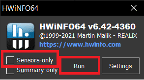 Marque la opción 'Sensores' y luego haga clic en el botón Ejecutar | ¿Cómo mostrar la temperatura de la CPU y la GPU en la barra de tareas?