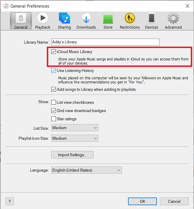 o dans l'onglet Général, puis assurez-vous que la case à côté de la bibliothèque musicale iCloud est activée