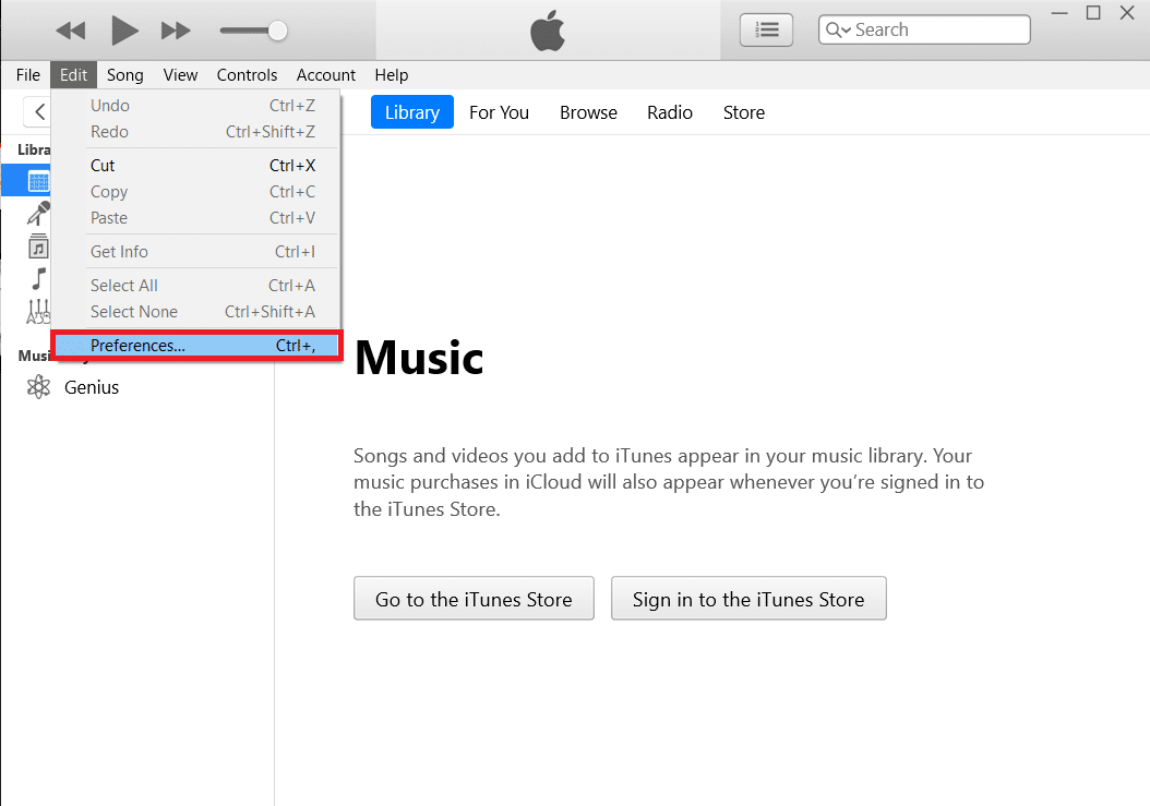 ouvrez iTunes sur votre PC, puis cliquez sur l'option Modifier. | Comment transférer de la musique d'iTunes vers Android ?