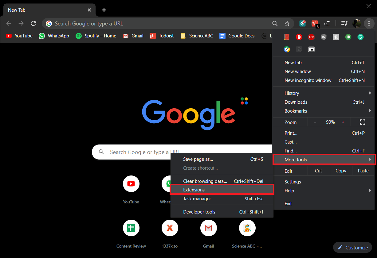 Cliquez sur Plus d'outils et sélectionnez Extensions dans le sous-menu