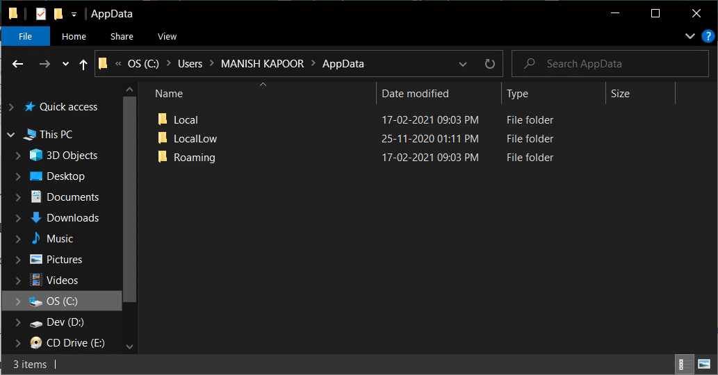 Dans le dossier AppData, il y aura trois sous-dossiers différents nommés respectivement Local, LocalLow et Roaming.