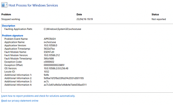 Хост-процесс для Windows перестал работать в просмотре истории надежности