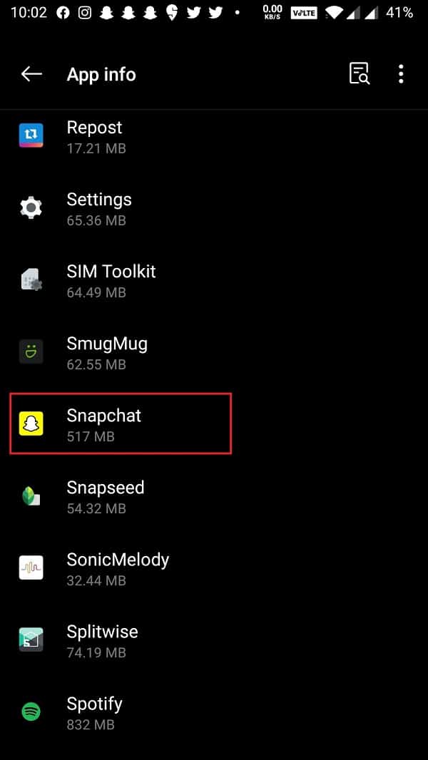 faites défiler jusqu'à ce que vous trouviez Snapchat | Correction : les notifications Snapchat ne fonctionnent pas [iOS et Android]