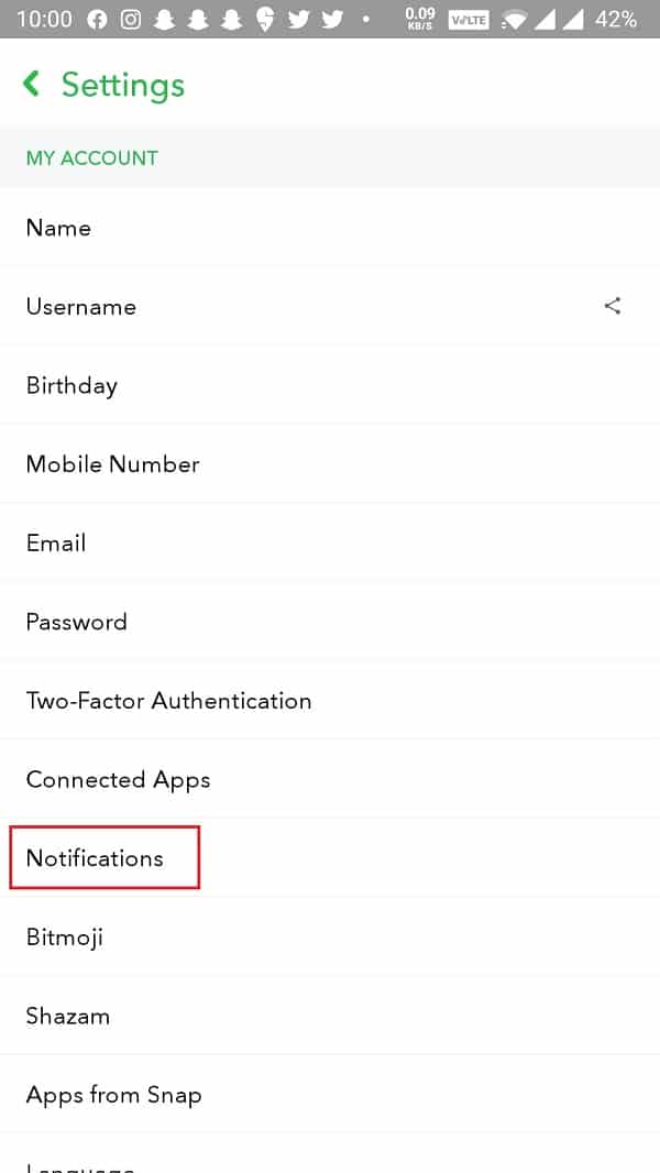 Dans la section Mon compte, recherchez l'option Notifications et appuyez dessus | Correction : les notifications Snapchat ne fonctionnent pas [iOS et Android]