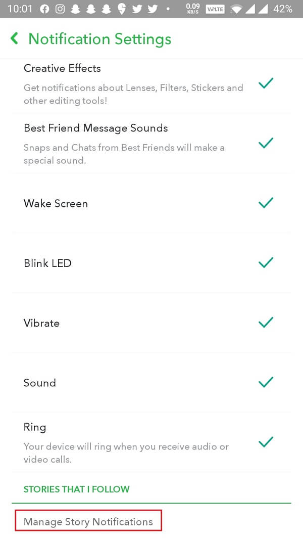 En bas de l'écran, appuyez sur Gérer les notifications de story | Correction : les notifications Snapchat ne fonctionnent pas [iOS et Android]