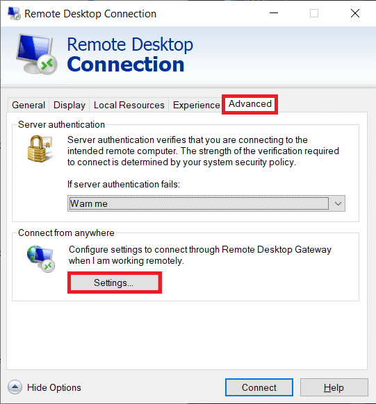 Treceți la fila Avansat și faceți clic pe butonul Setări... sub Conectare de oriunde.