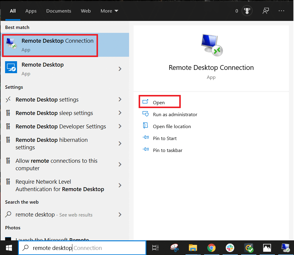 În câmpul Start Menu Search, tastați „Remote Desktop Connection” și deschideți | Remediere: Desktopul de la distanță nu se va conecta în Windows 10