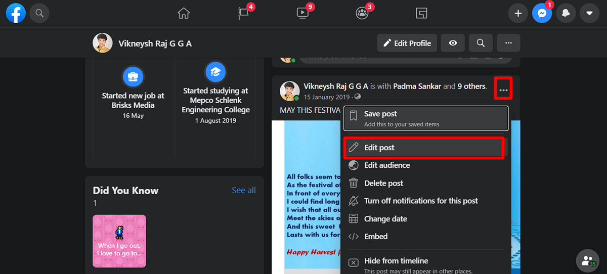 Ora scegli l'opzione Modifica post. Troverai un'opzione Privacy. fare clic su quello