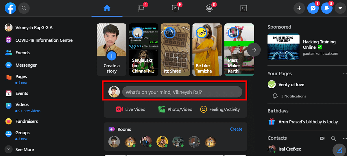 Chiederebbe "Cosa hai in mente, nome del tuo profilo Facebook". Fare clic su quello, si aprirà una piccola finestra intitolata "Crea post".
