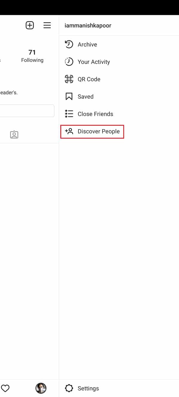 Faites défiler vers le bas et appuyez sur découvrir des personnes. | Comment supprimer un numéro de téléphone d'Instagram ?