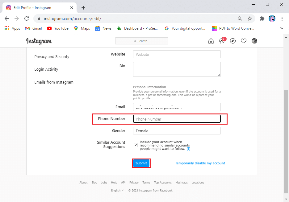 Après avoir supprimé le numéro, cliquez sur le bouton Soumettre. | Comment supprimer un numéro de téléphone d'Instagram ?