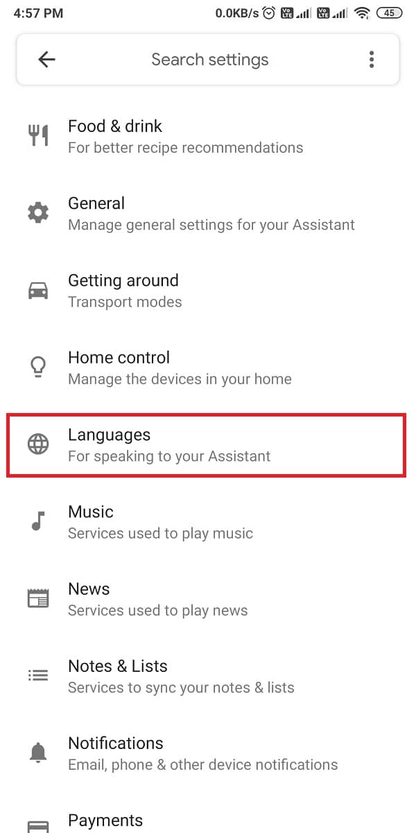 Faites défiler vers le bas pour localiser la section des langues. | Correction de l'assistant Google ne fonctionnant pas sur Android