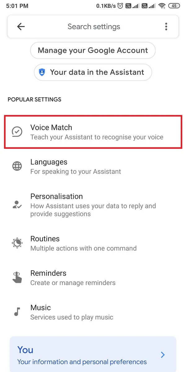 appuyez sur Correspondance vocale. | Correction de l'assistant Google ne fonctionnant pas sur Android