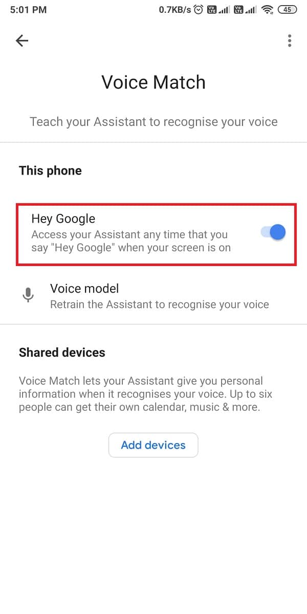 désactivez la bascule pour "Hey Google" pour l'éteindre. | Correction de l'assistant Google ne fonctionnant pas sur Android