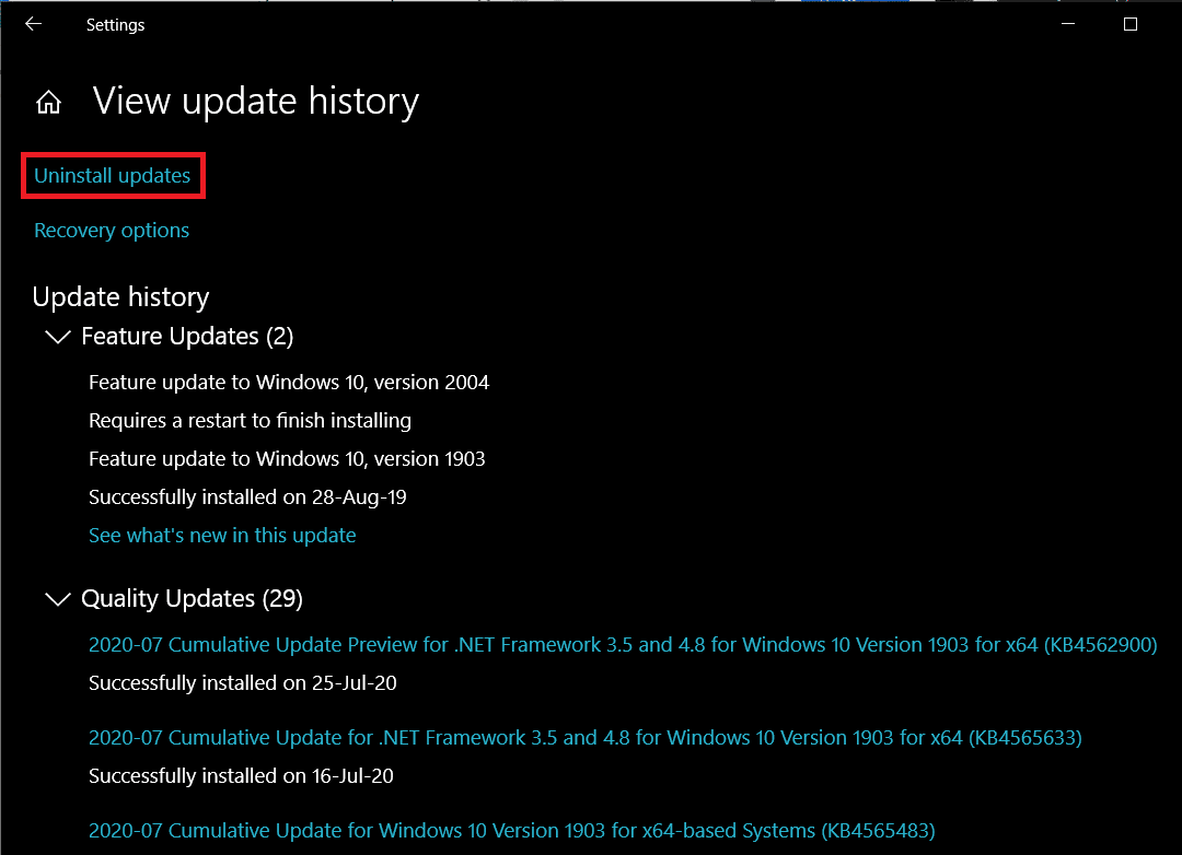 Faceți clic pe hyperlinkul Dezinstalați actualizări