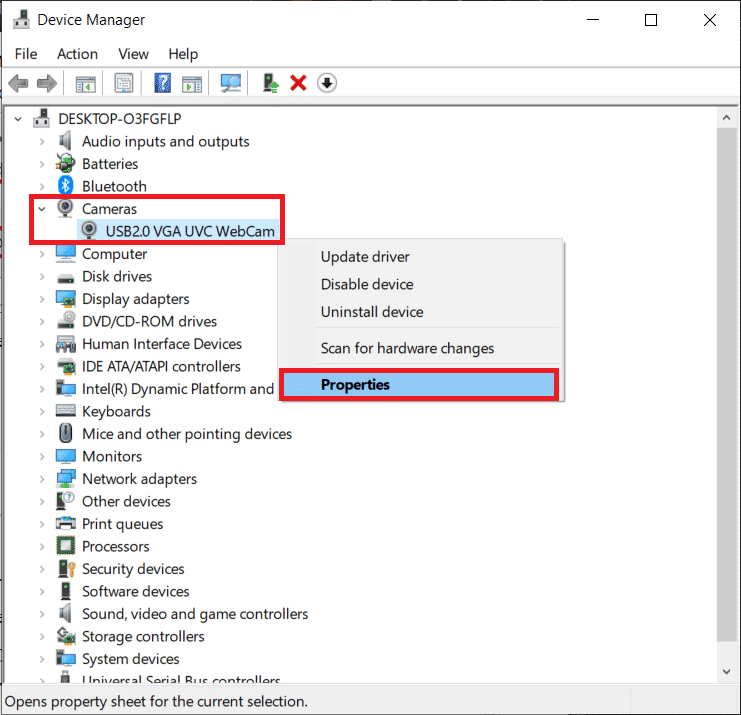 Faceți clic dreapta pe dispozitivul camerei web și selectați Proprietăți
