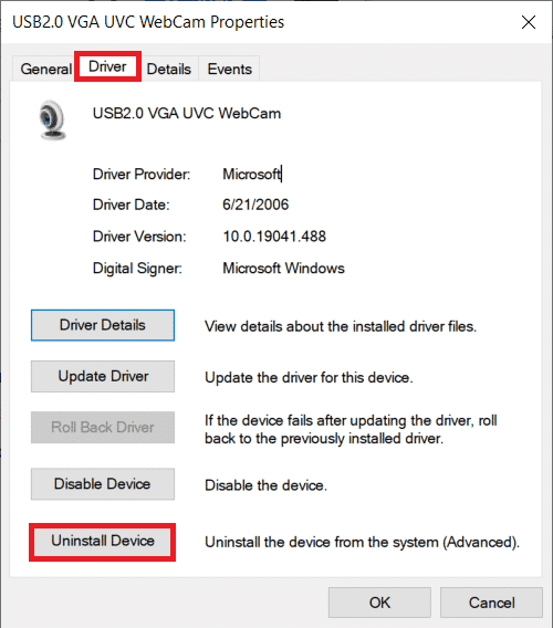 Treceți la fila Driver din fereastra Proprietăți. | Remediere: Camera laptopului nu funcționează pe Windows 10