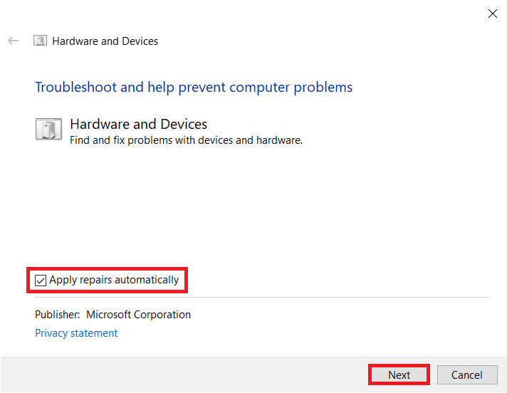 Faceți clic pe butonul Avansat în fereastra următoare, asigurați-vă că Aplicarea reparațiilor automat este bifată și apăsați Următorul.