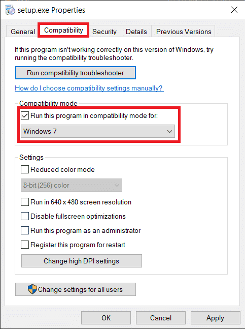 Treceți la fila de compatibilitate a ferestrei Proprietăți și bifați caseta de lângă „Rulați acest program în modul de compatibilitate pentru”.