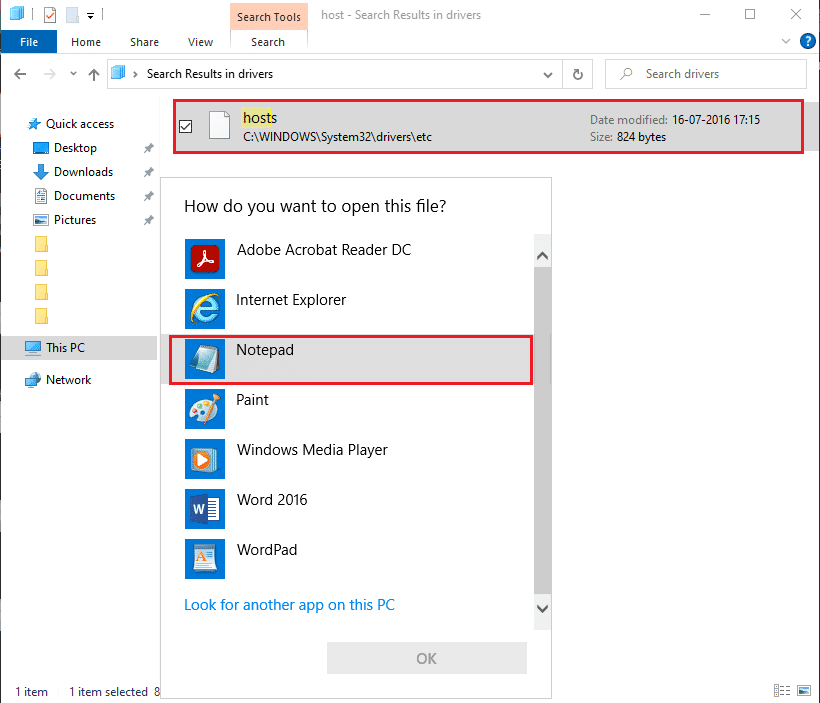 Faceți un clic dreapta pe fișierul gazdă și deschideți-l pe blocnotes. | Cum să blocați și să deblocați un site web pe Google Chrome