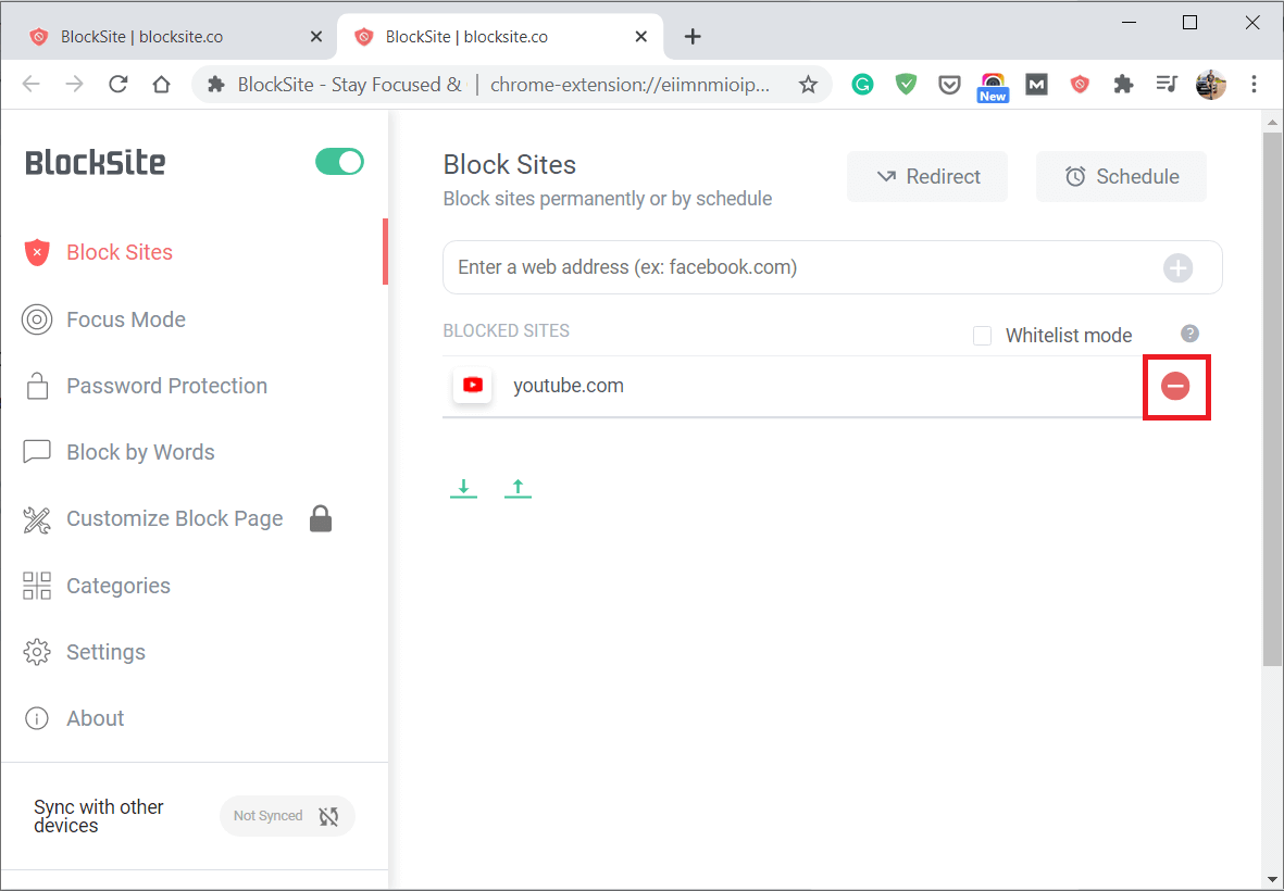 Faceți clic pe butonul Eliminare pentru a elimina site-ul web din lista de blocare