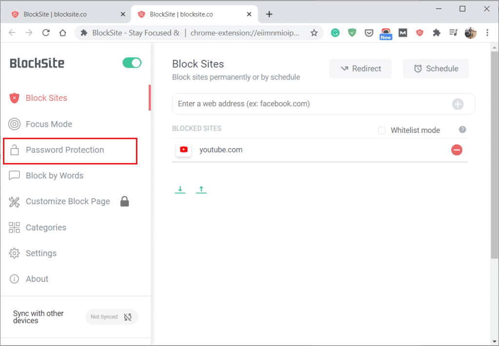 extensia BlockSite și faceți clic pe protecția prin parolă