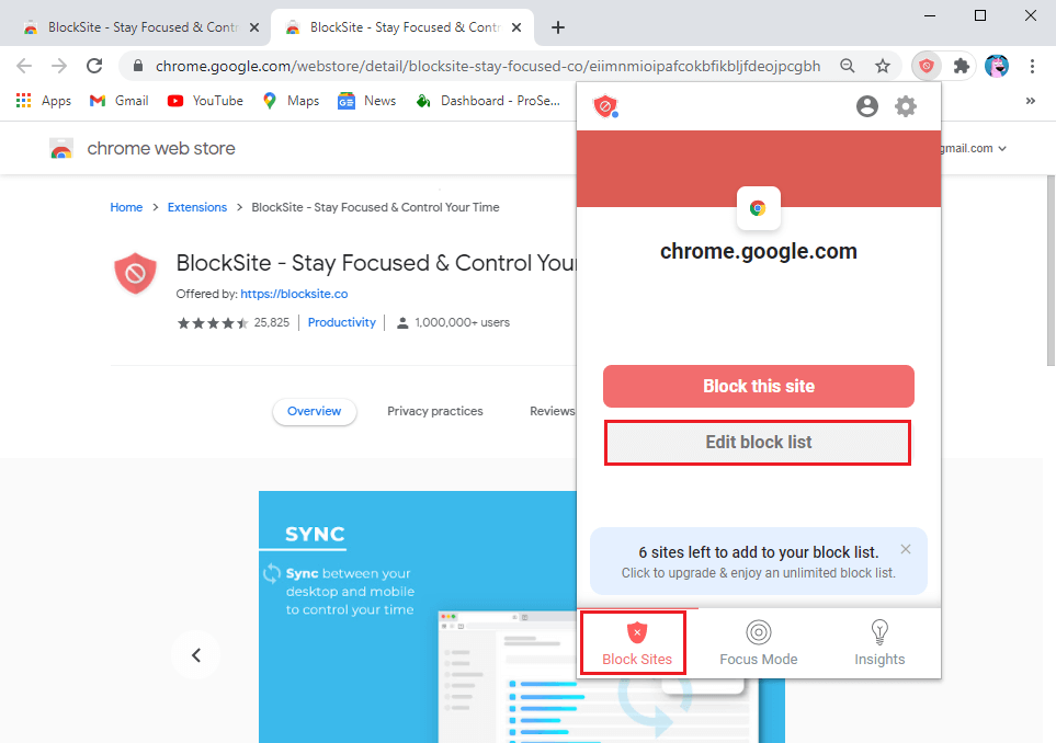 Faceți clic pe extensia BlockSite și apoi faceți clic pe editați lista blocate. | Cum să blocați și să deblocați un site web pe Google Chrome