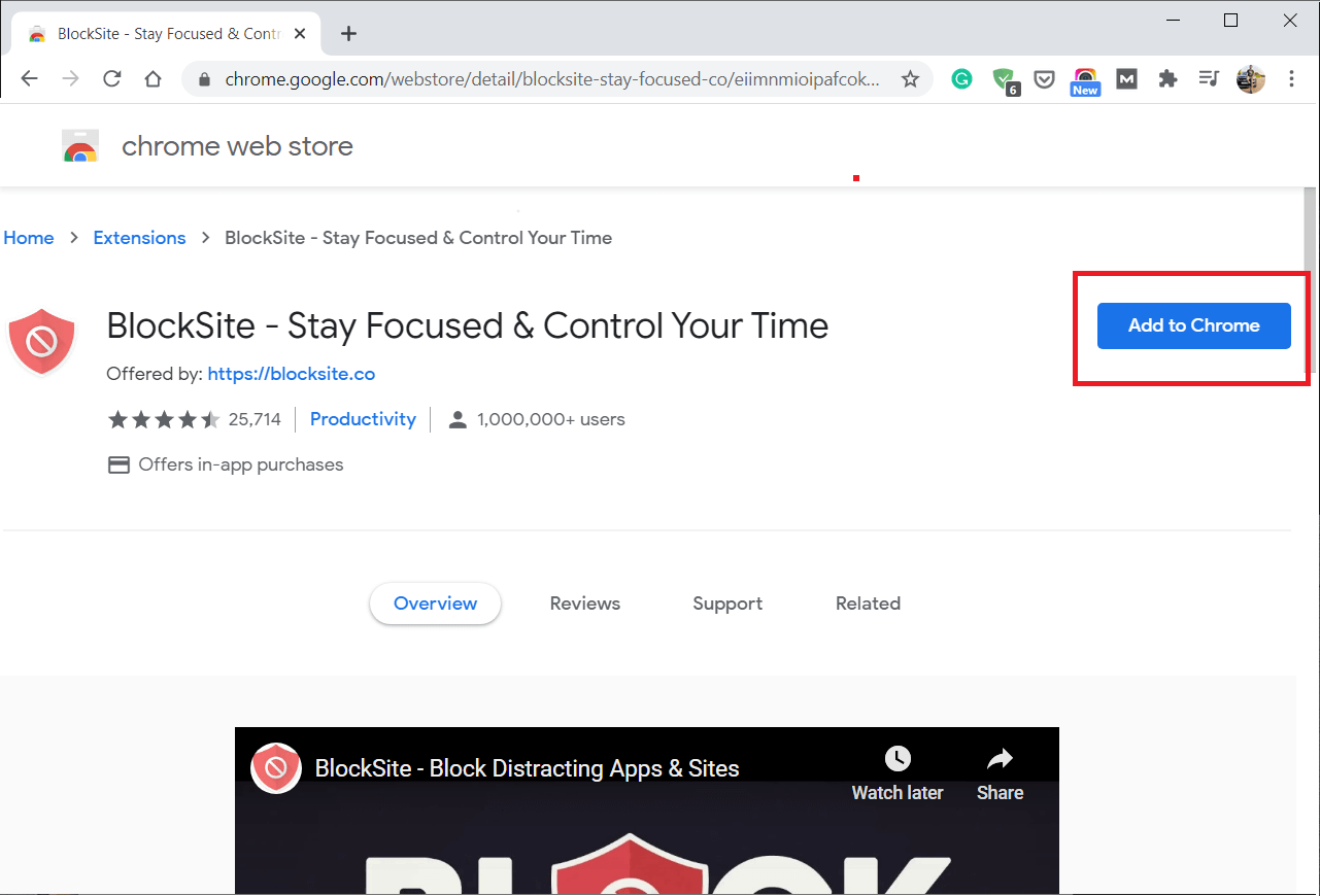 Faceți clic pe Adăugați în Chrome pentru a adăuga extensia BlockSite | Cum să blocați și să deblocați un site web pe Google Chrome