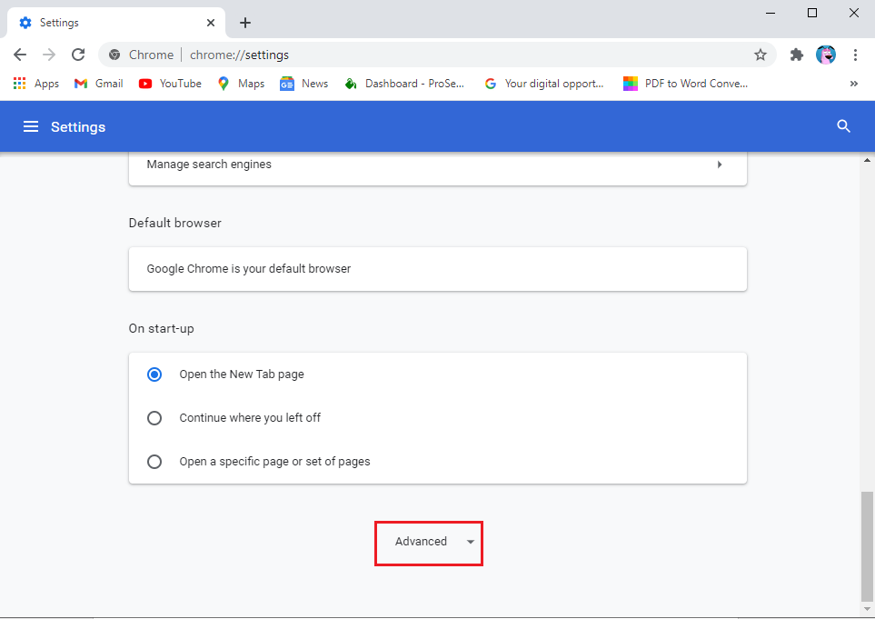 Derulați în jos și faceți clic pe Avansat. | Cum să blocați și să deblocați un site web pe Google Chrome