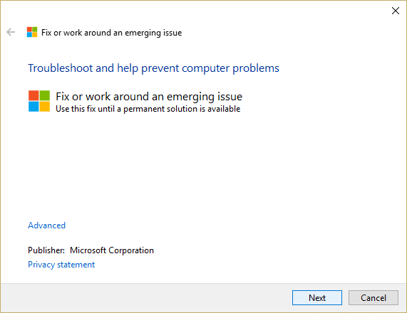 Запустите помощник по устранению неполадок Microsoft