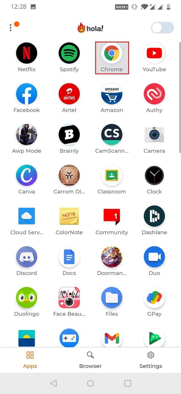 Ouvrez Hola et sélectionnez l'application sur laquelle vous souhaitez activer le VPN.