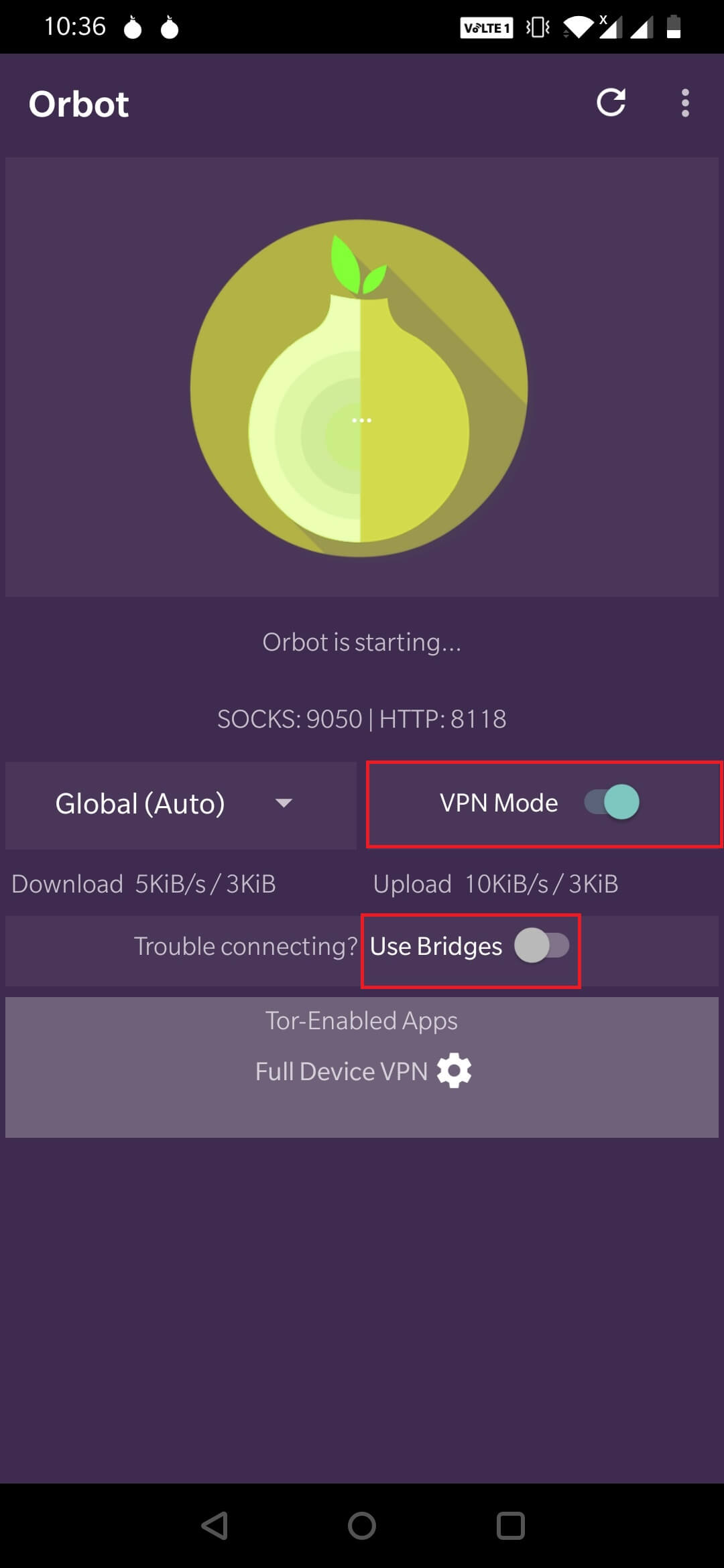 Ouvrez l'application Orbot. Appuyez sur "Démarrer" et activez le mode VPN.