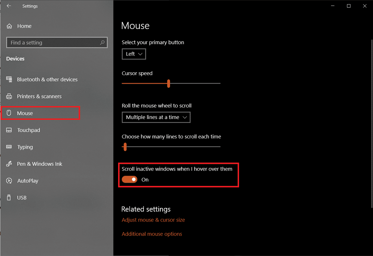 désactivez le commutateur sous Faire défiler les fenêtres inactives lorsque je les survole. | Comment réparer le décalage de la souris sur Windows 10 ?