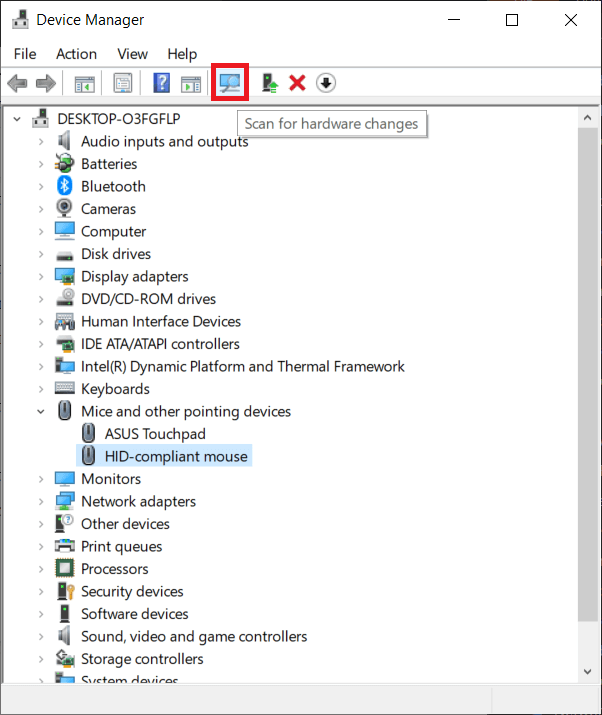Cliquez sur le bouton Rechercher les modifications matérielles. | Comment réparer le décalage de la souris sur Windows 10 ?