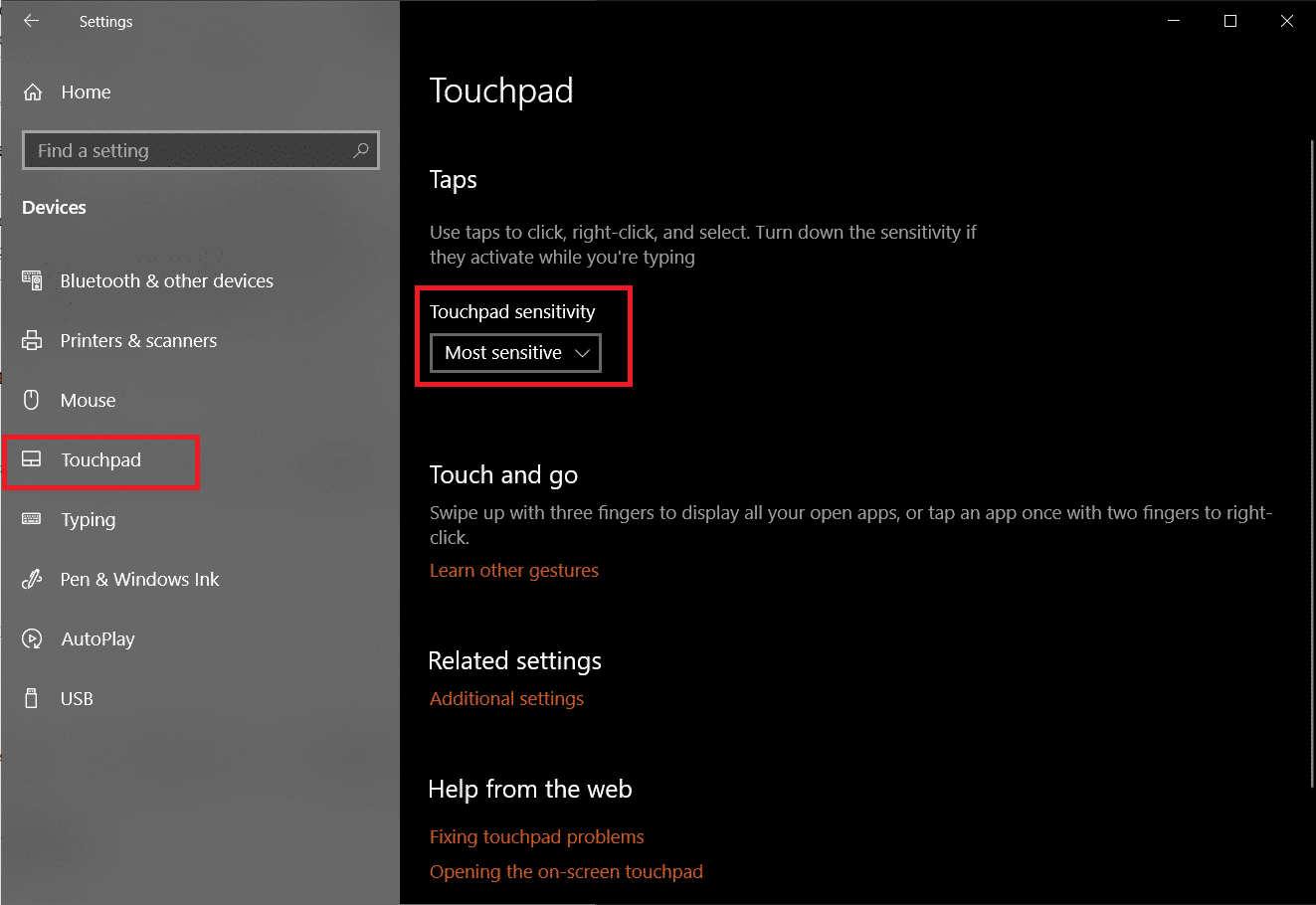 réglez la sensibilité du pavé tactile sur "Le plus sensible".