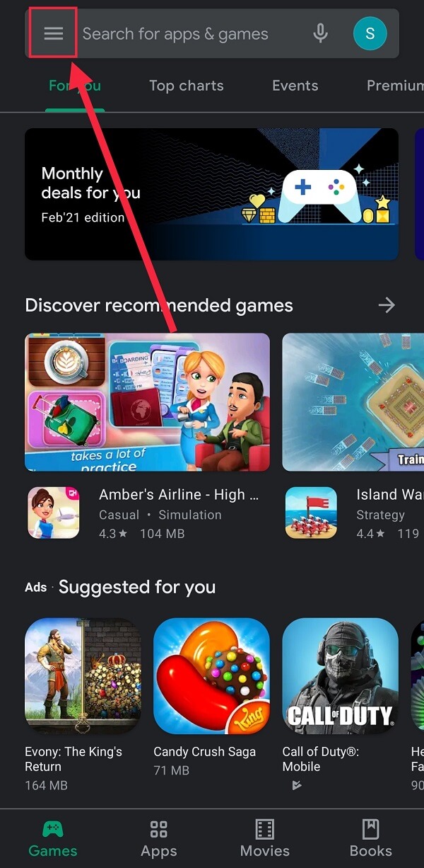 Ouvrez l'application Google Play Store sur votre appareil mobile. Appuyez sur le bouton Menu, l'icône du menu Hamburger
