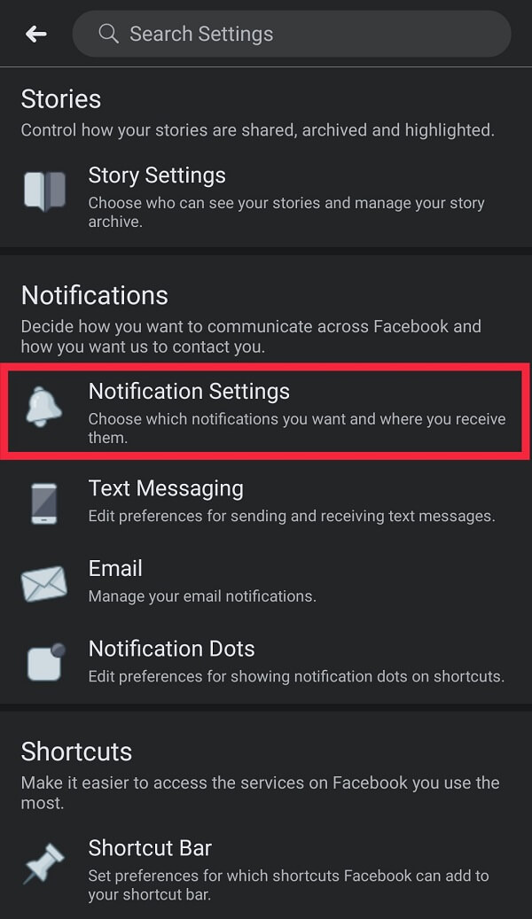 Faites défiler vers le bas pour trouver "Paramètres de notification" situé sous la section "Notifications".
