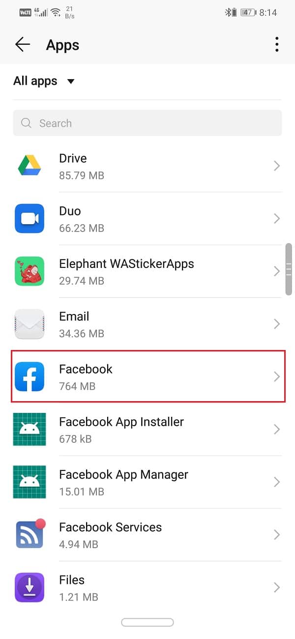 Sélectionnez Facebook dans la liste des applications
