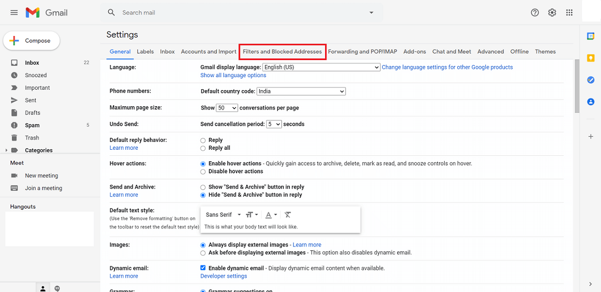 A continuación, cambie a la pestaña 'Filtros y direcciones bloqueadas'.
