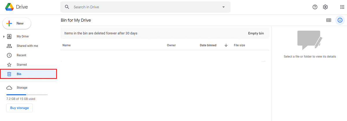 Abra su Google Drive y en el lado izquierdo, busque la opción 'Papelera'.