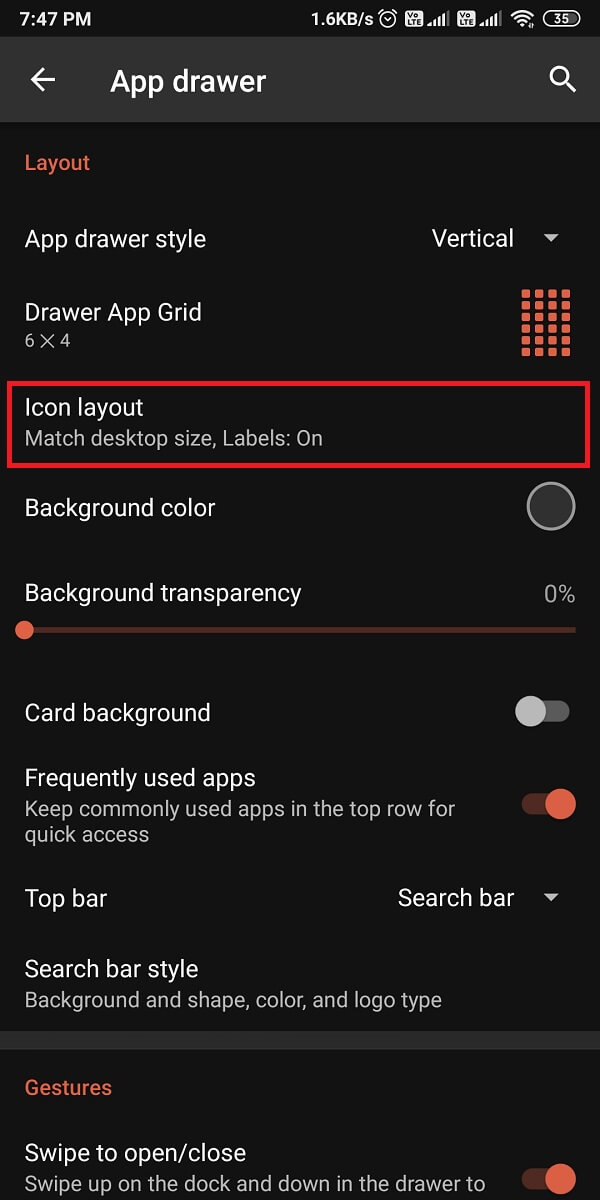 Accédez à la section de mise en page des icônes.