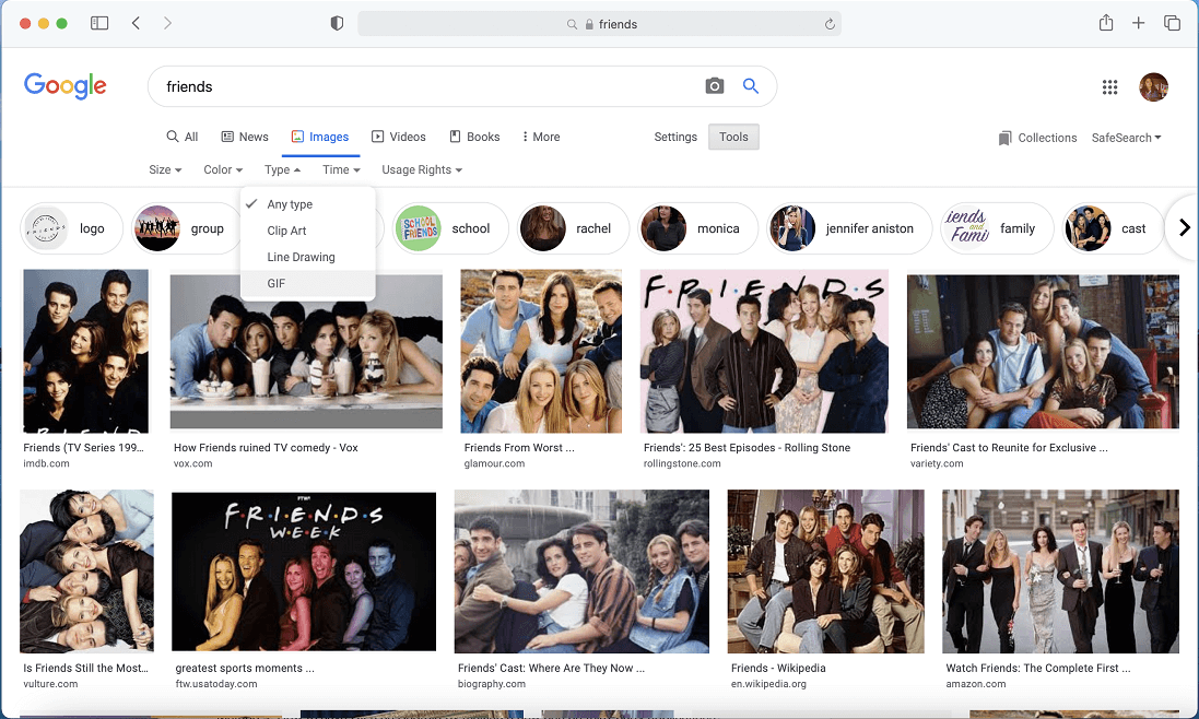 Affinez votre recherche en sélectionnant le menu déroulant Type sous Images.